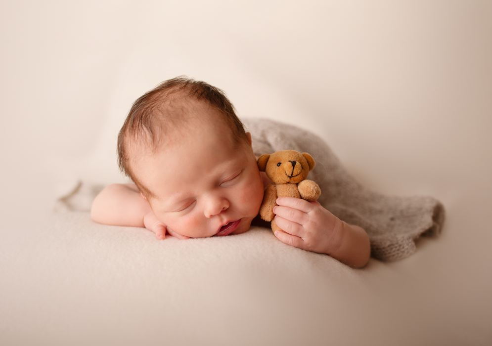 baby with bear posed newborn photo hamilton
